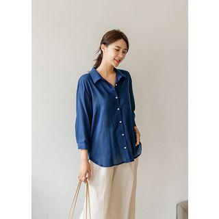 Plus Size 3/4-sleeve Loose-fit Cotton Shirt