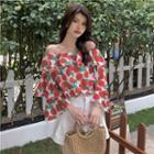 Off-shoulder Floral Print Ruffled Blouse Floral Print - Red & Green - One Size