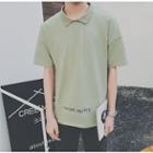 Lettering Embroidered Short-sleeve T-shirt With Polo Collar