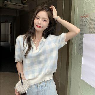 Short-sleeve Knit Top Blue - One Size