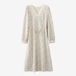 V-neck Floral Lace A-line Dress Almond - One Size