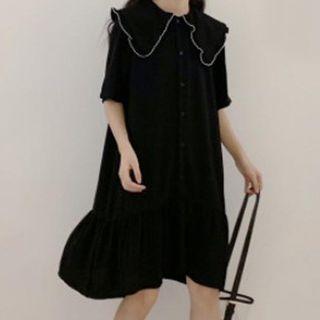 Collared Elbow-sleeve A-line Chiffon Dress