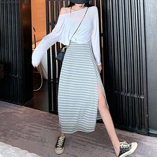 Open Back Long-sleeve T-shirt / Striped Midi Spaghetti Strap Dress