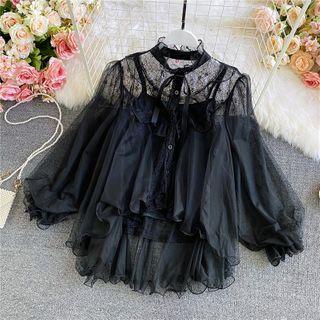 Lace-panel Ruffled Long-sleeve Shirt