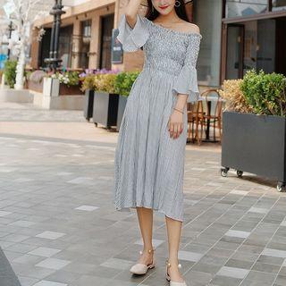 Stripe Off-shoulder Elbow-sleeve Dress