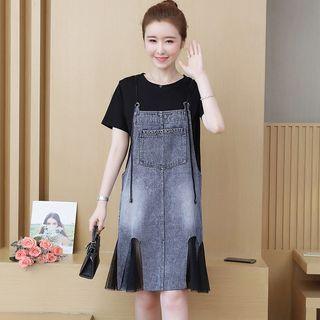 Set: Crew-neck Short-sleeve T-shirt + Mesh Panel Jumper Dress