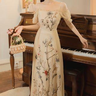 Floral Embroidered Puff-sleeve Maxi A-line Dress
