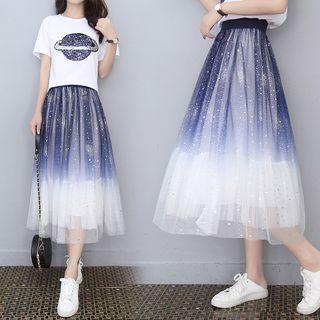 Set: Short-sleeve Sequined T-shirt + Midi Mesh Gradient Skirt