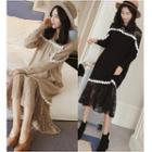 Long-sleeve Lace Hem Midi Knitted Dress