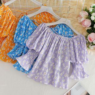 Off Shoulder Puff-sleeve Floral Chiffon Top