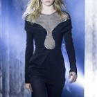 Long-sleeve Mesh-panel Rhinestone Dress