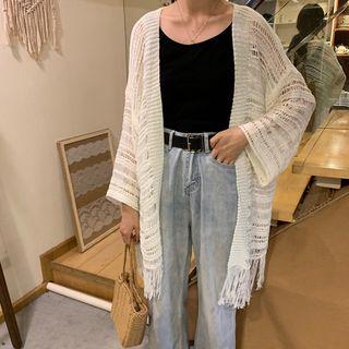 Open-front Fringed-hem Cardigan Ivory - One Size