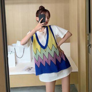 Loose-fit Plain T-shirt / Colorblock Summer-knit Vest