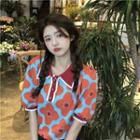 Puff-sleeve Floral Cropped Knit Polo Shirt Blue & Orange - One Size