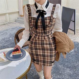 Plaid Sleeveless Top / Mini Fitted Skirt / Long Sleeve Shirt