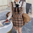 Plaid Sleeveless Top / Mini Fitted Skirt / Long Sleeve Shirt