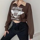 Print Long-sleeve Cropped Polo Top