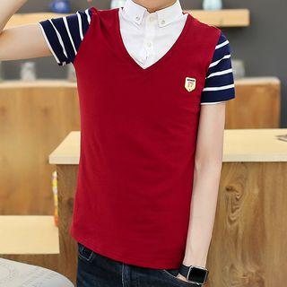 Striped Panel Short Sleeve Collared Top
