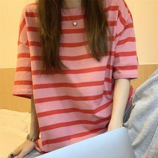 Short Sleeve Crew Neck Striped Distressed T-shirt Pink - One Size