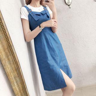 Set: Plain Short Sleeve T-shirt + Dungaree Dress