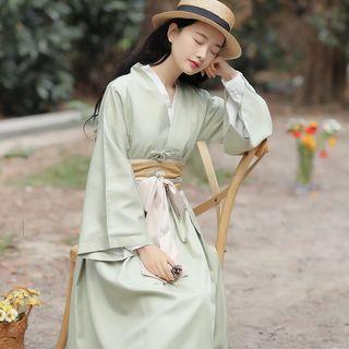 Hanfu Set: Long-sleeve Embroidered Top + Midi A-line Skirt