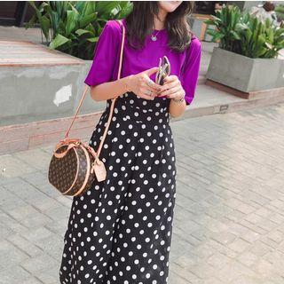 Set: Short-sleeve T-shirt + Polka Dot Crop Suspender Pants