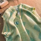 V-neck Diamond Pattern Knit Vest Green - One Size