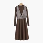 Set: Long-sleeve Knit Midi A-line Dress + Houndstooth Vest Knit Dress & Vest - Coffee - One Size