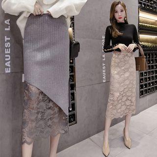 High-waist Asymmetric Lace Panel Knit Skirt
