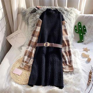 Plaid Long-sleeve Panel Knit Dress