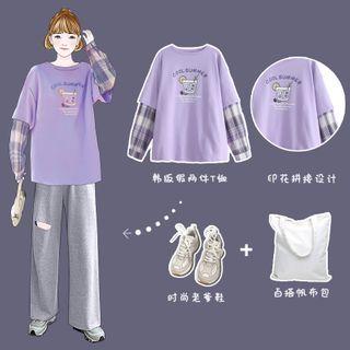 Mock Two Piece Printed Plaid Long-sleeve Top Violet - One Size