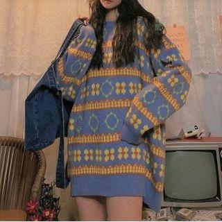 Crew Neck Floral Pattern Oversized Sweater