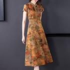 Printed Mandarin Collar Short-sleeve Maxi A-line Dress