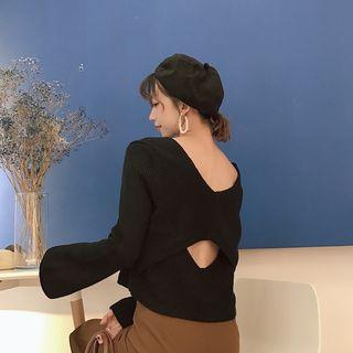 Plain V-neck Cutout Convertible Long-sleeve Knit Top