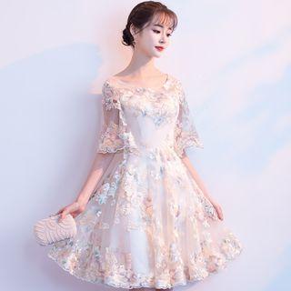 Flower Embroidered Short-sleeve A-line Cocktail Dress