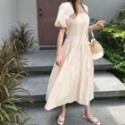 Square-neck Puff-sleeve Long Gathered Dress