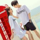 Couple Matching Elbow-sleeve Lettering T-shirt / A-line Dress