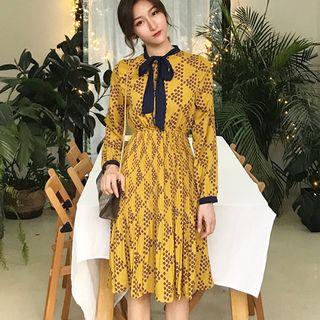 Tie-neck Dotted Long-sleeve Dress