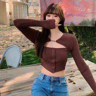 Mock Two-piece Cutout Ribbed Crop Knit Top Coffee - One Size