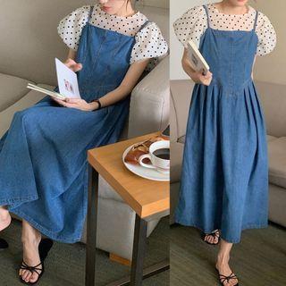 Spaghetti-strap Denim Midi A-line Dress / Short-sleeve Dotted Blouse