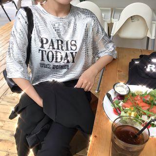 Metallic Pattern Letter Print Short Sleeve T-shirt
