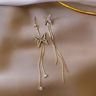 Non-matching Rhinestone Butterfly Fringed Earring 1 Piece - As Shown In Figure - One Size