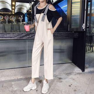 Set: Short-sleeve Cut Out Top + Pattern Strap Jumper Pants
