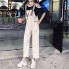 Set: Short-sleeve Cut Out Top + Pattern Strap Jumper Pants