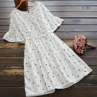 Dotted Drawstring Short-sleeve A-line Dress