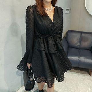 Drawcord-waist Lace Flare Dress Black - One Size