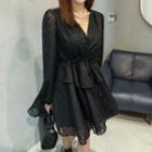 Drawcord-waist Lace Flare Dress Black - One Size