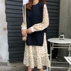 Knit Vest / Long-sleeve Floral Print A-line Midi Dress