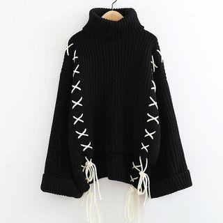 Turtleneck Lace-up Chunky Knit Sweater