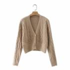 Long-sleeve Cable Knit Cardigan Khaki - One Size